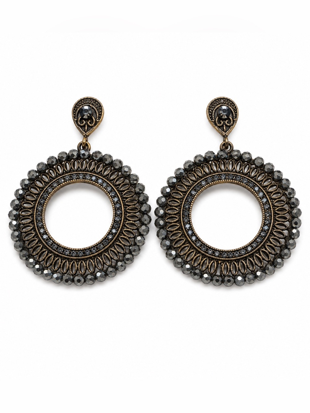 Boutique Style Bronze Gold Tone Rhinestone Circle Statement Drop Earrings